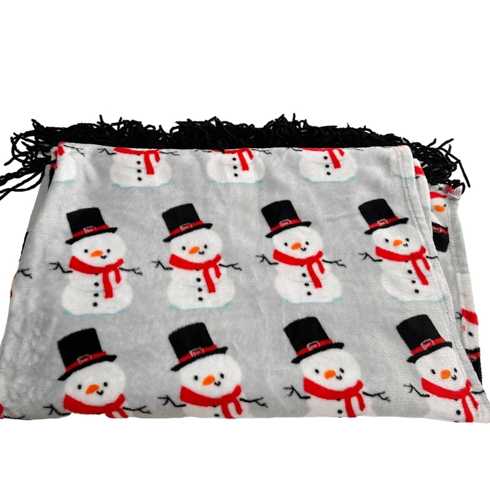 Happy Holidays Crest Mills‎ Snowman Throw Blanket Polyester Black Fringe 66x47